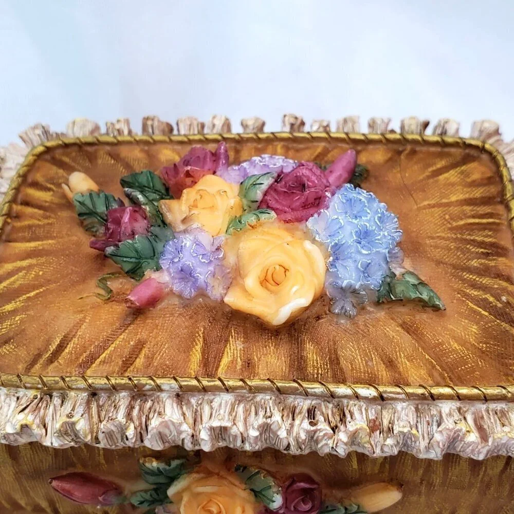 VTG Victorian Floral Jewelry Trinket Box With Raised Rose Design & Gold Accents